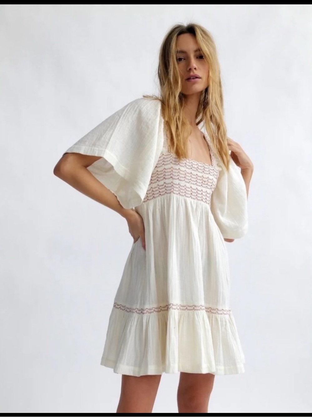 Free People Easy to Love Mini Dress Smocked Cute Romantic Babydoll /L